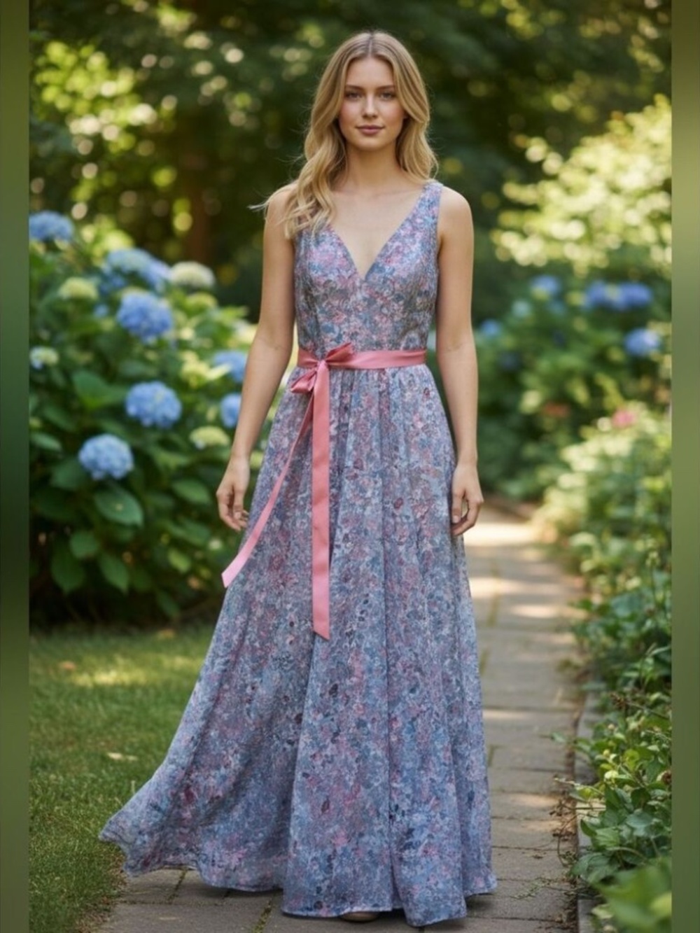 Rene Ruiz Lace V-Neck A Line Gown